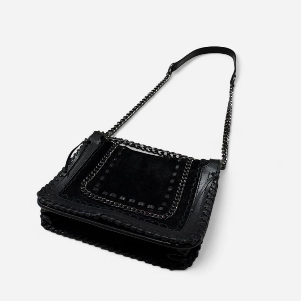 ZARA WOMAN Black Suede Leather Chain Strap Shoulder Bag‎ Crossbody